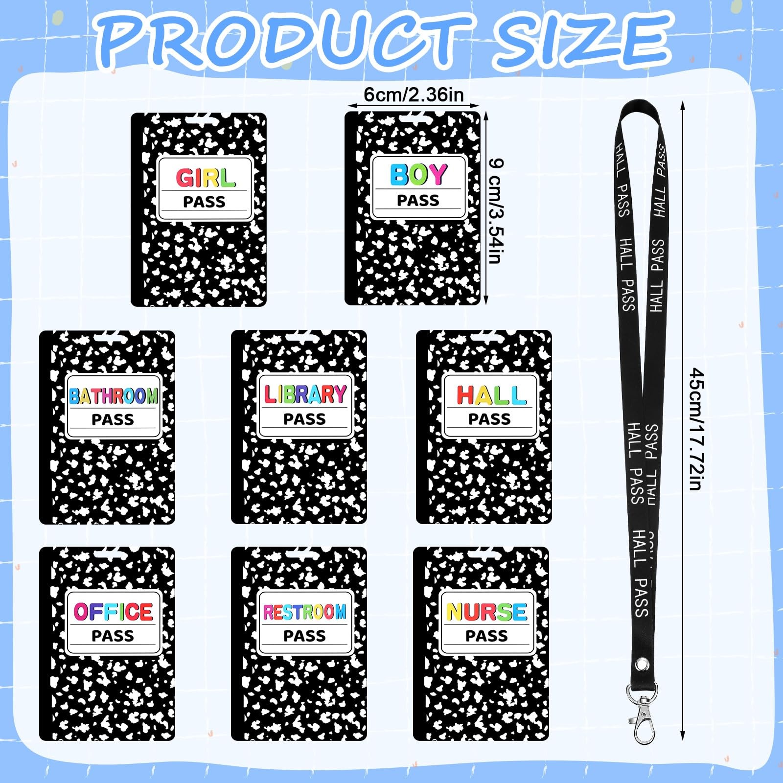 16 PCS 2.4×3.5 In Black White PVC Writable Hall Pass Lanyards Classroom