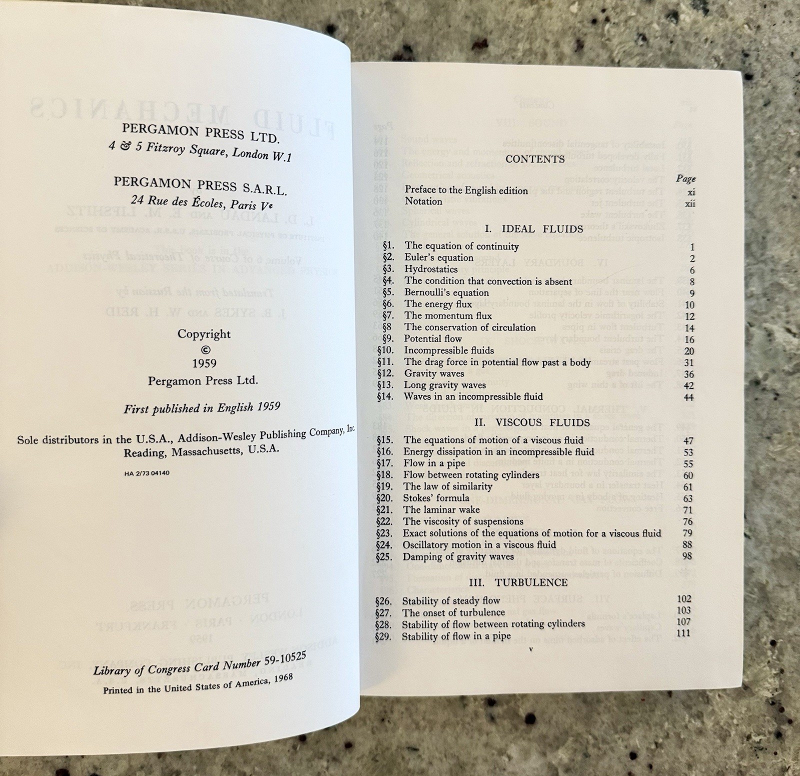 VTG 1968 Printing Landau & Lifshitz Fluid Mechanics 1st Edition HCVG