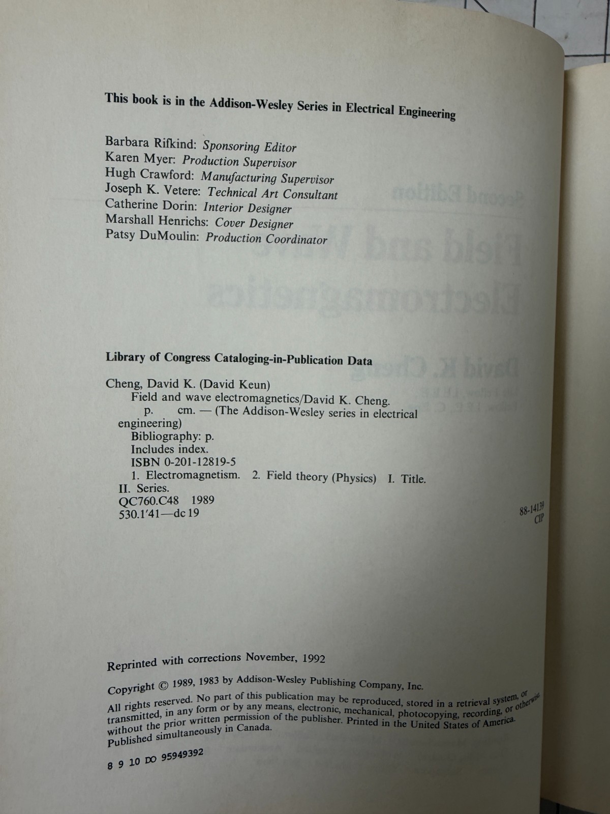 Field and Wave Electromagnetics by David Cheng 2nd Edition 1992, HC Ships Fast