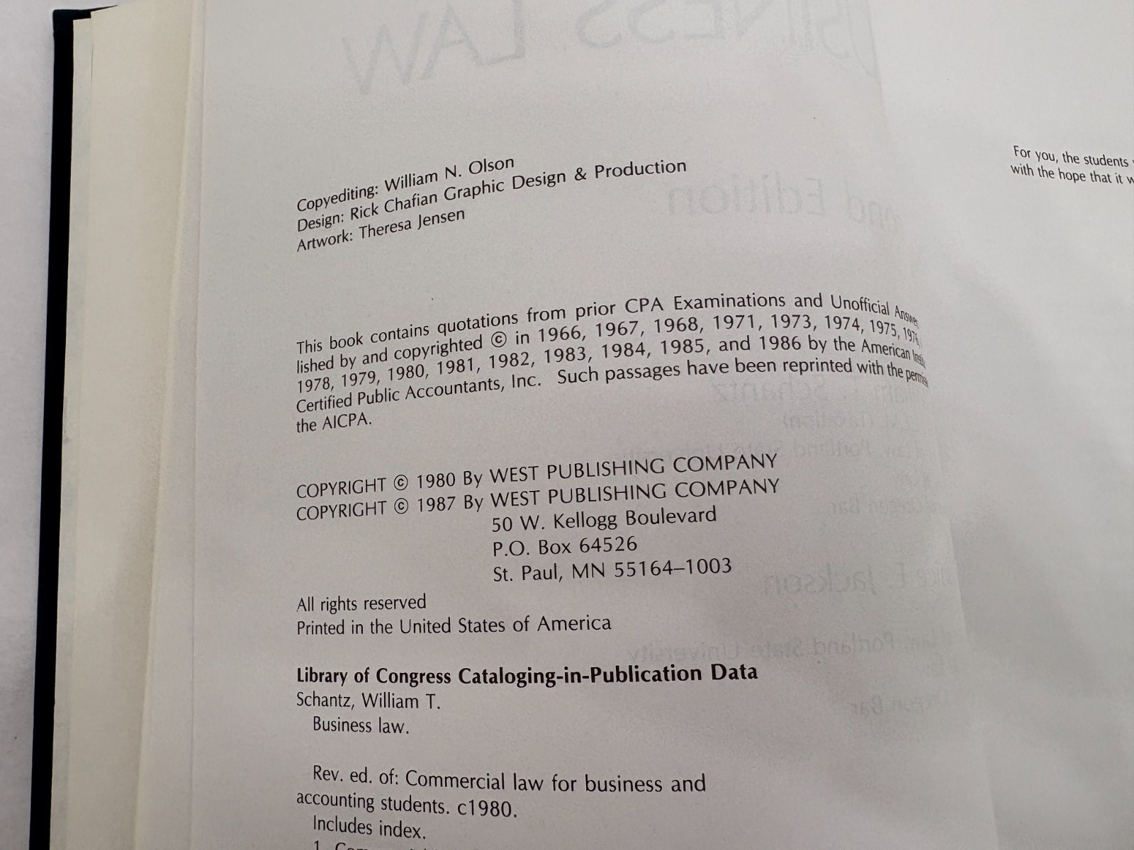 Business Law Second Edition – William T. Schantz, Janice E. Jackson – West 1987