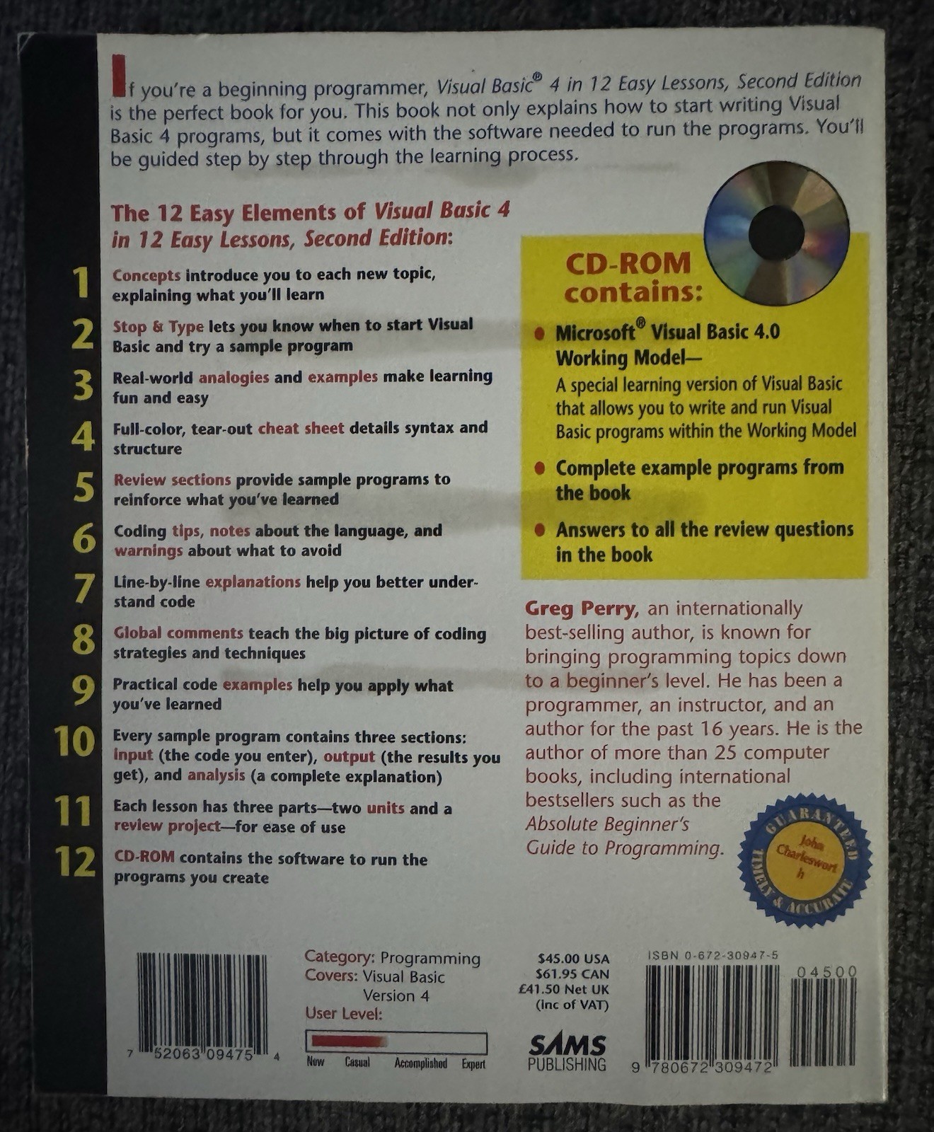 Visual Basic 4 in 12 Easy Lessons by Greg Perry With CD Like New 2nd Edition