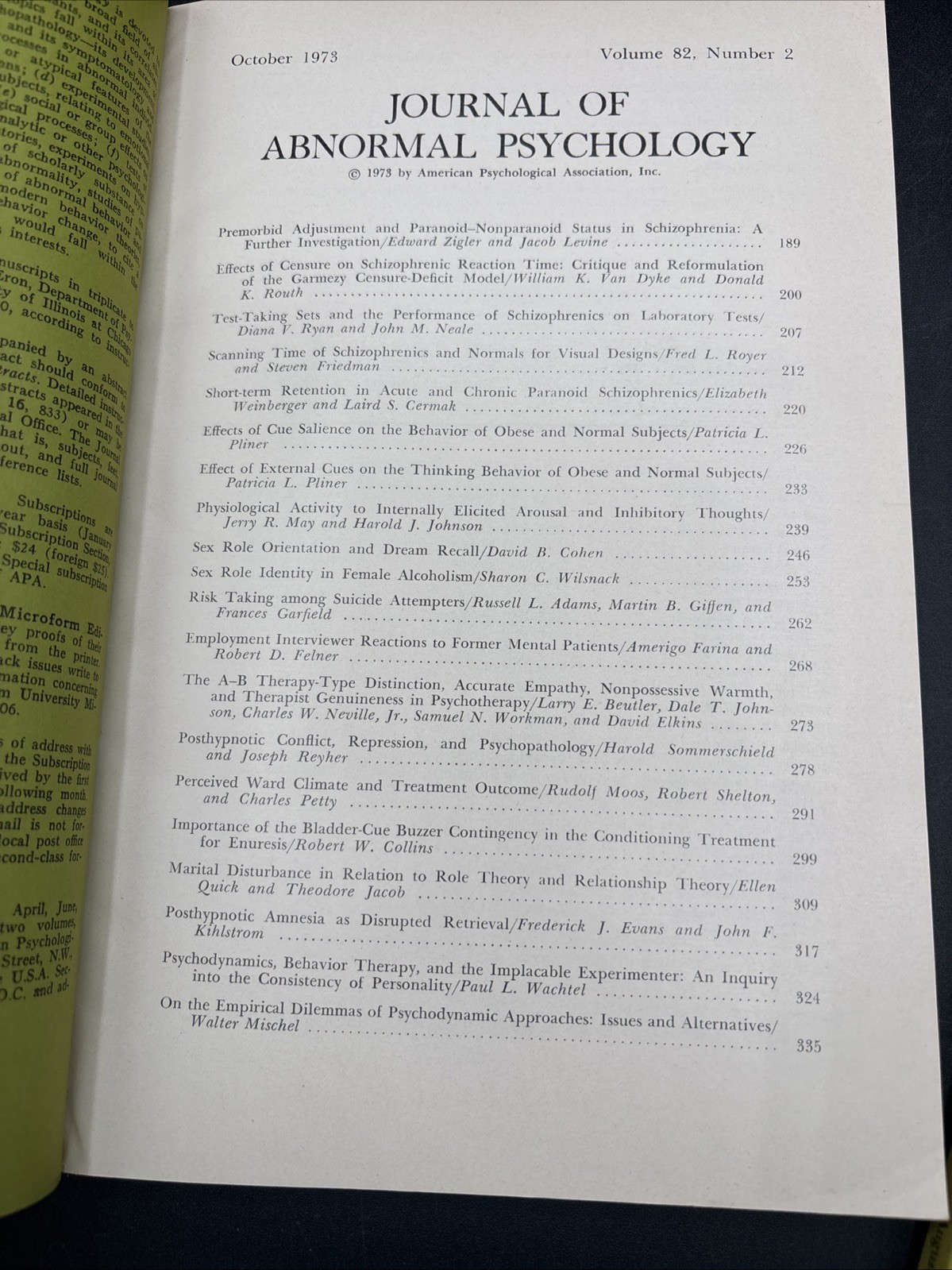 1973 Journal Of Abnormal Psychology Vol 82 1-2-3 APA Behavior Drug Treatment