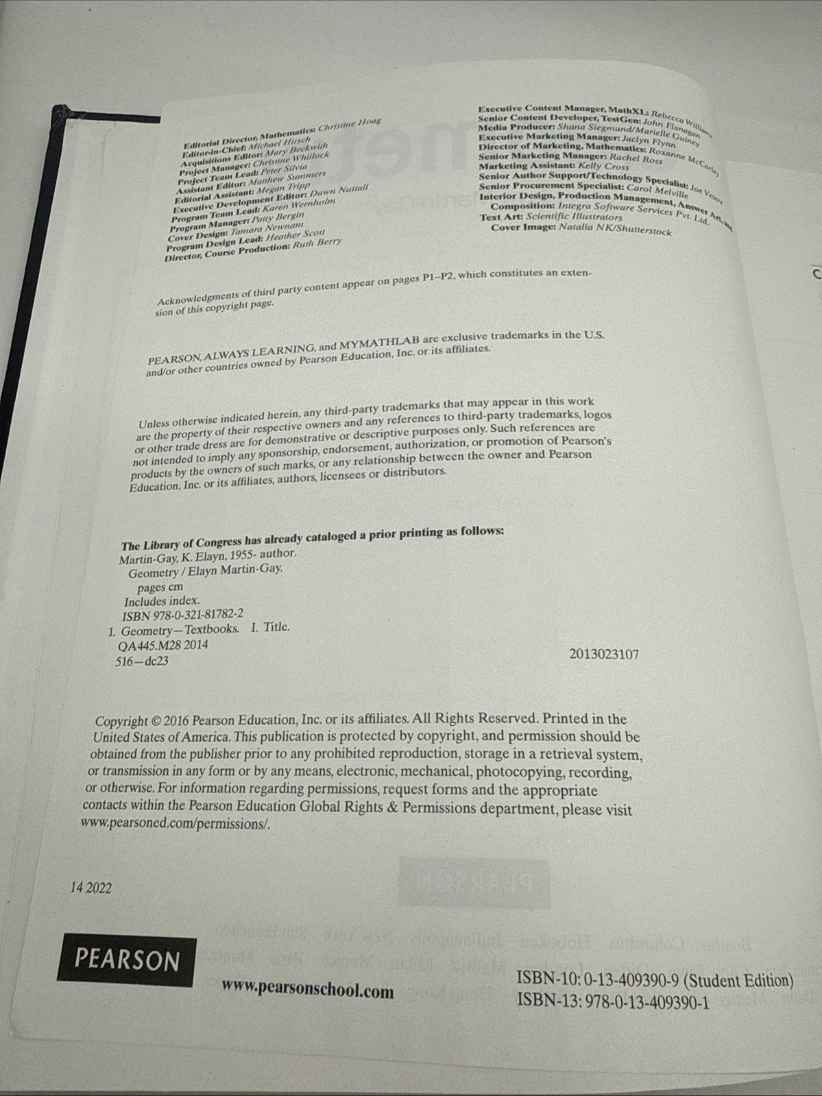 Geometry Student Text by Elayn Martin-Gay, Pearson Math ISBN 978-0-13-409390-1