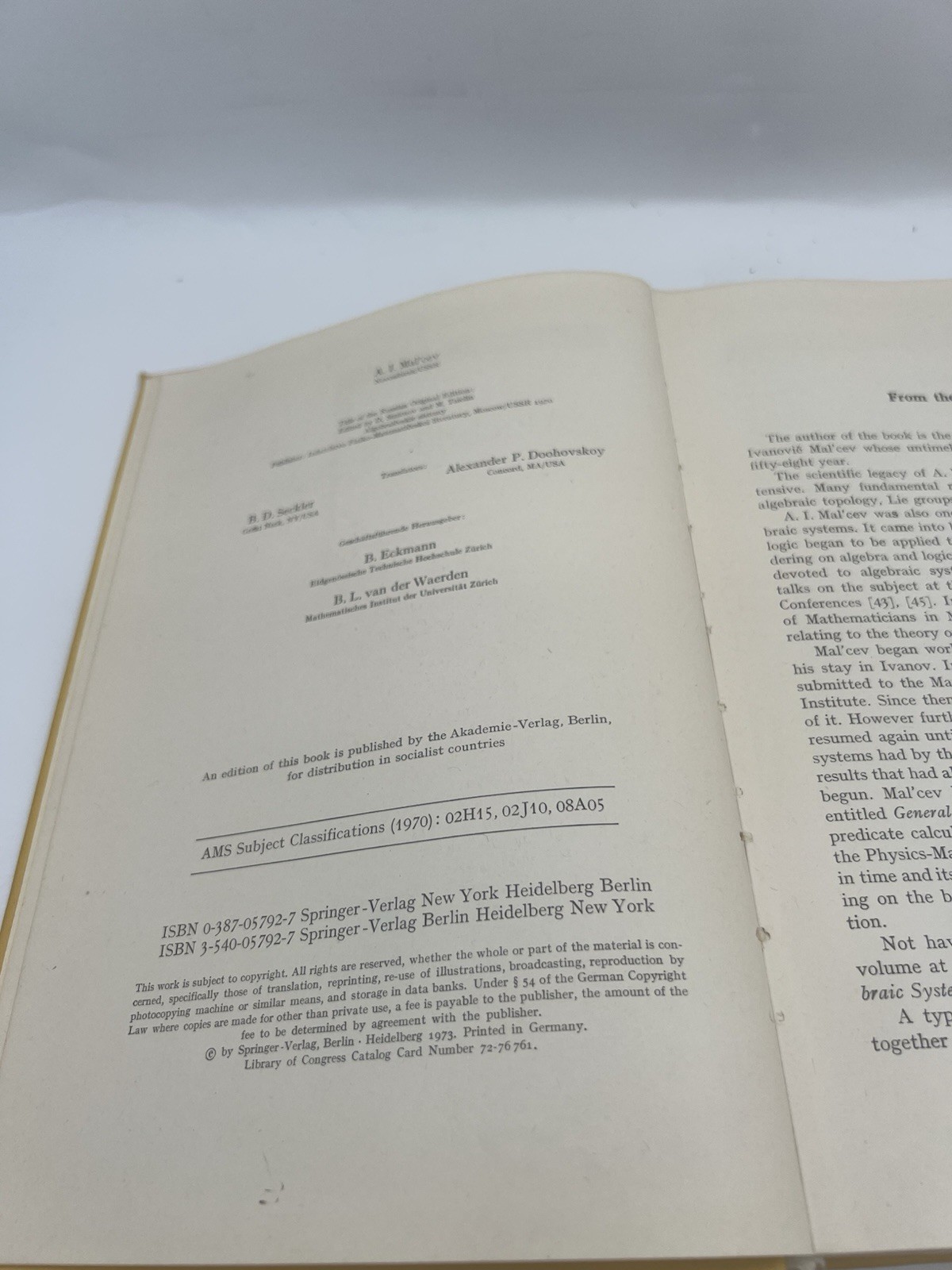 Algebraic Systems ( Volume 192) By A. I. Mal’cev Translated Seckler, Doohovskoy