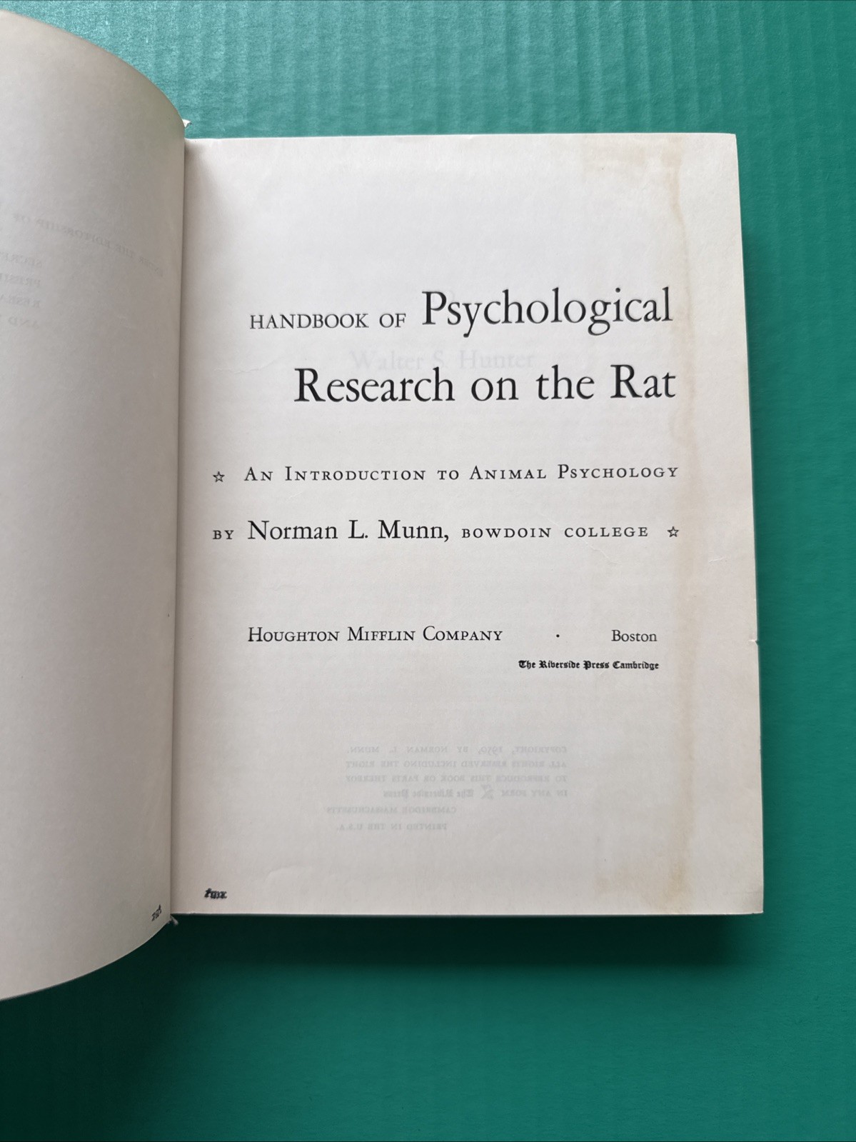 Handbook of Psychological Research on the Rat (1950) by Norman Munn HC VG RARE