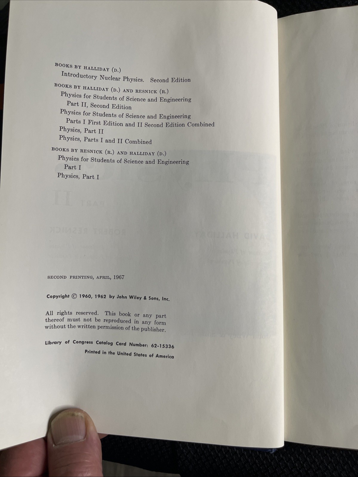 Physics I and II Resnick and Halliday Published by John Wiley & Sons Vintage HB