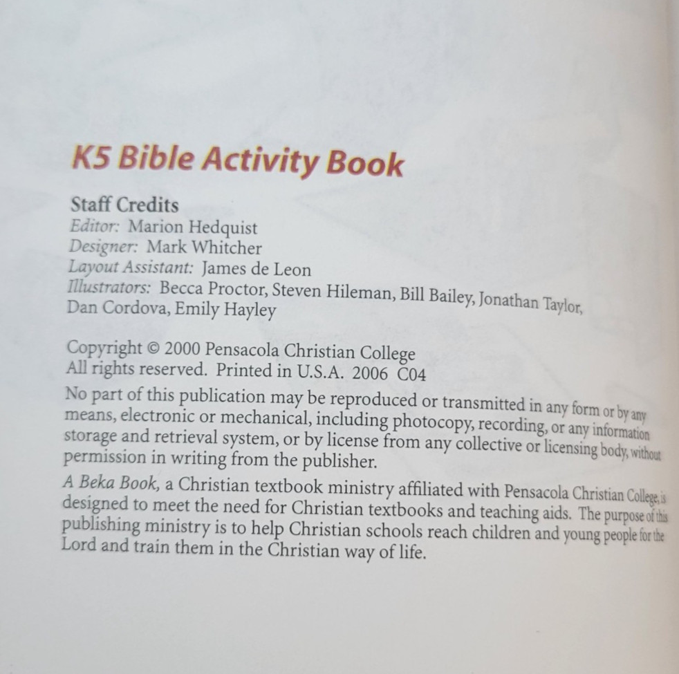 A Beka K5 Bible Activity Book 2006 Abeka