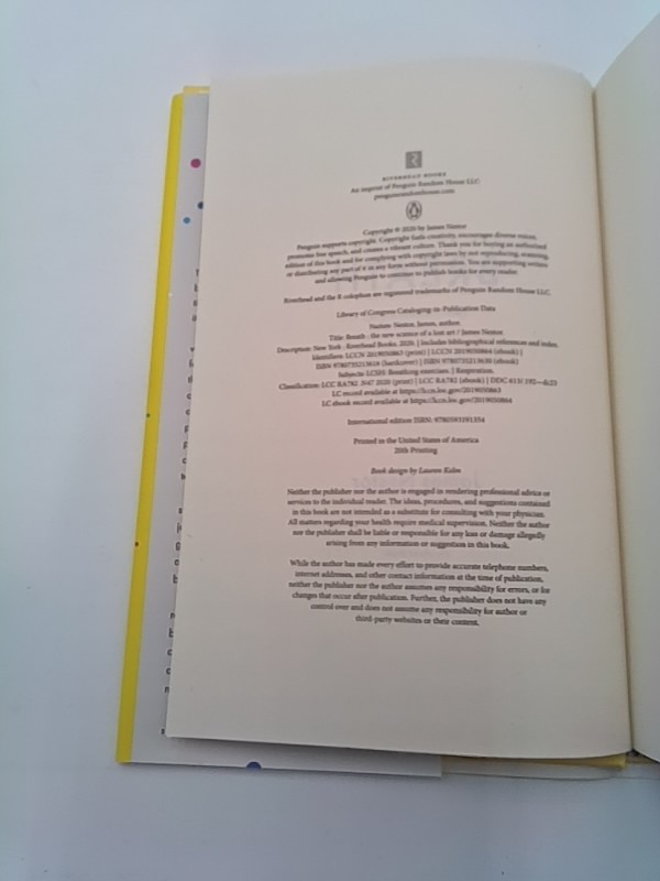 Breath. James Nestor. Riverhead 2020 Hardcover. Very Good +