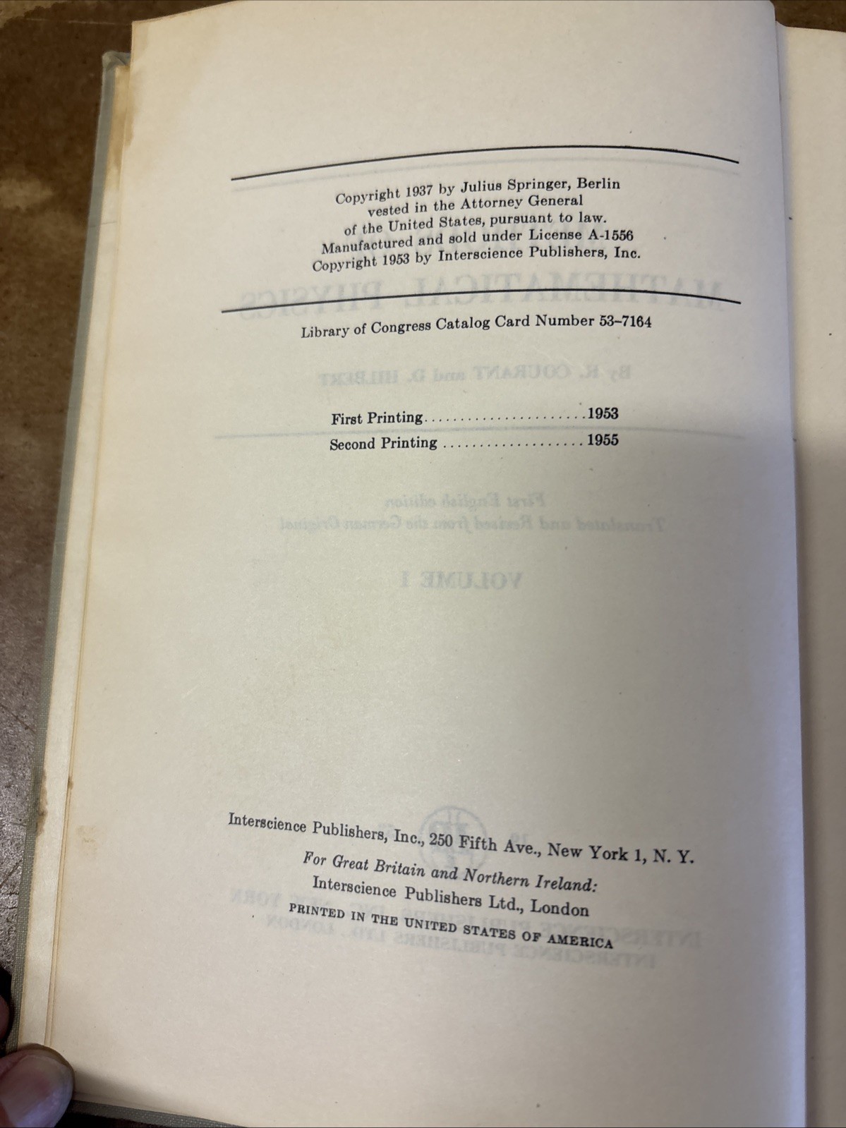Methods of Mathematical Physics Volume 1 Courant Hilbert First Ed 2nd Printing