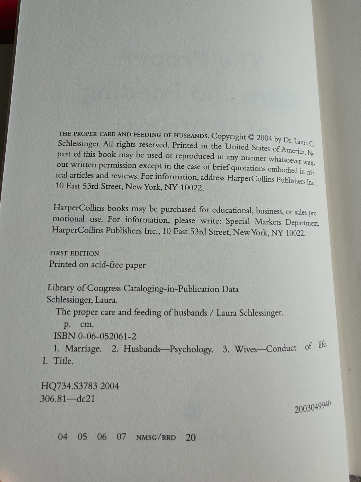 The Proper Care & Feeding Of Husbands By Dr Laura Schlessinger : First Edition