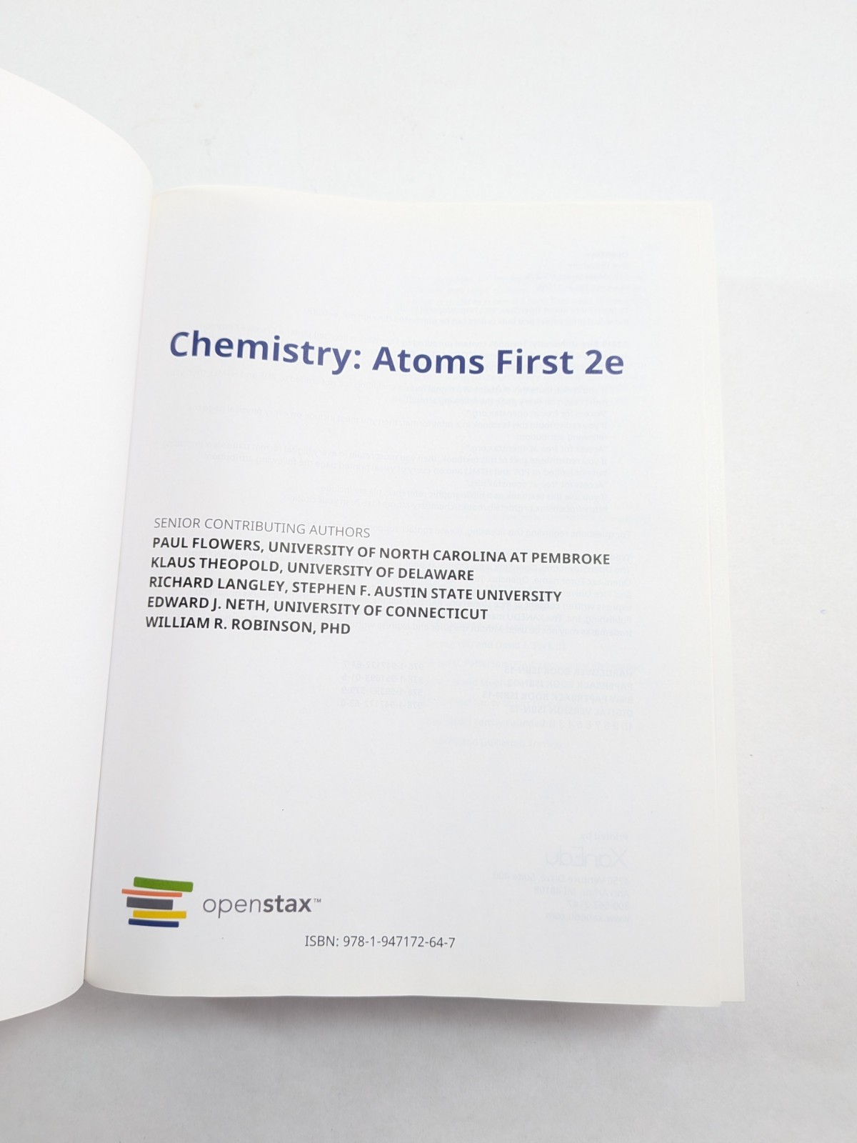 OpenStax UCONN Chemistry Atoms First 2nd Edition Hardcover 2019 Color Version