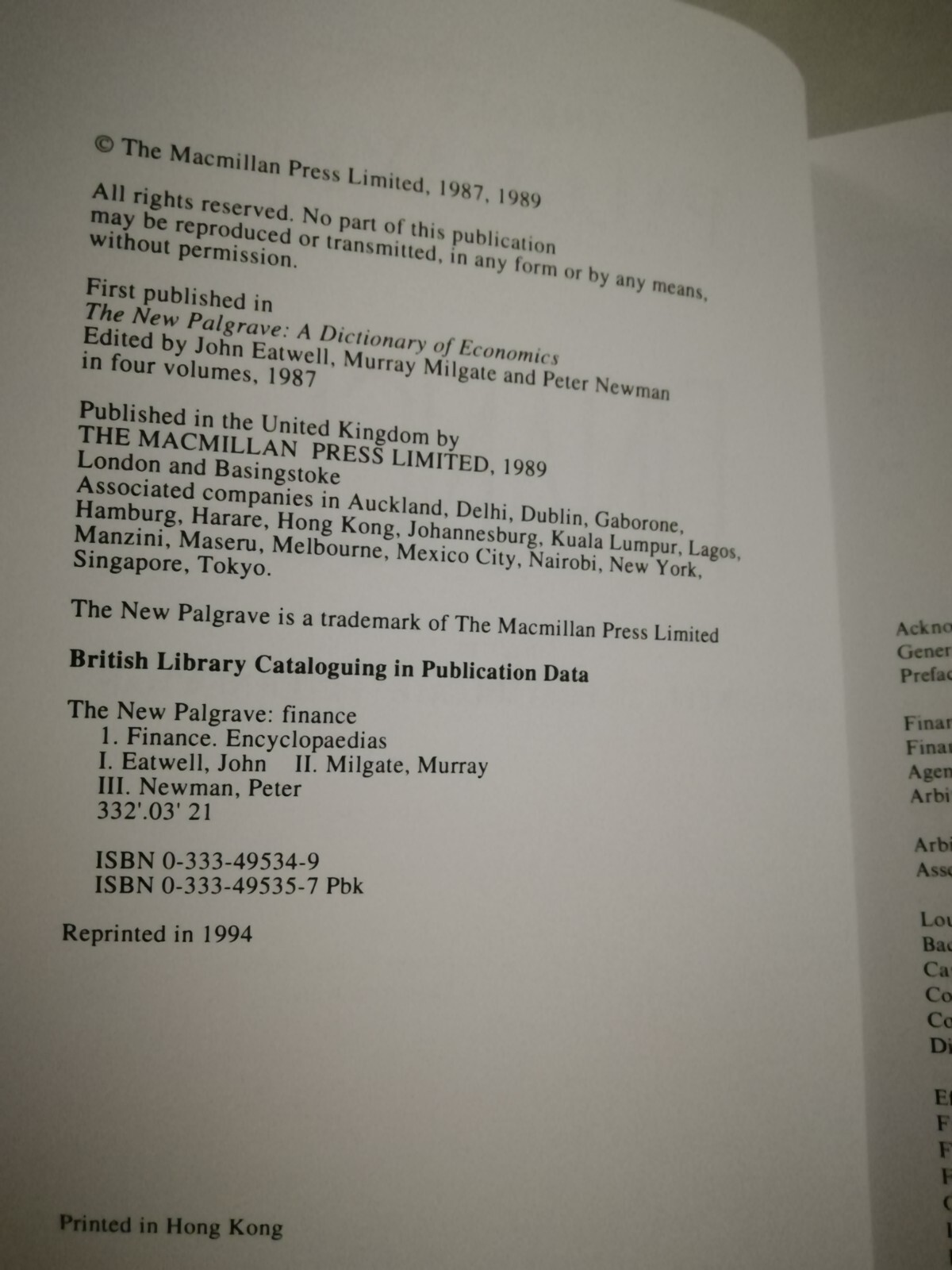 Finance: The New Palgrave edited by J Eatwell, M Milgate & P Newman 1994