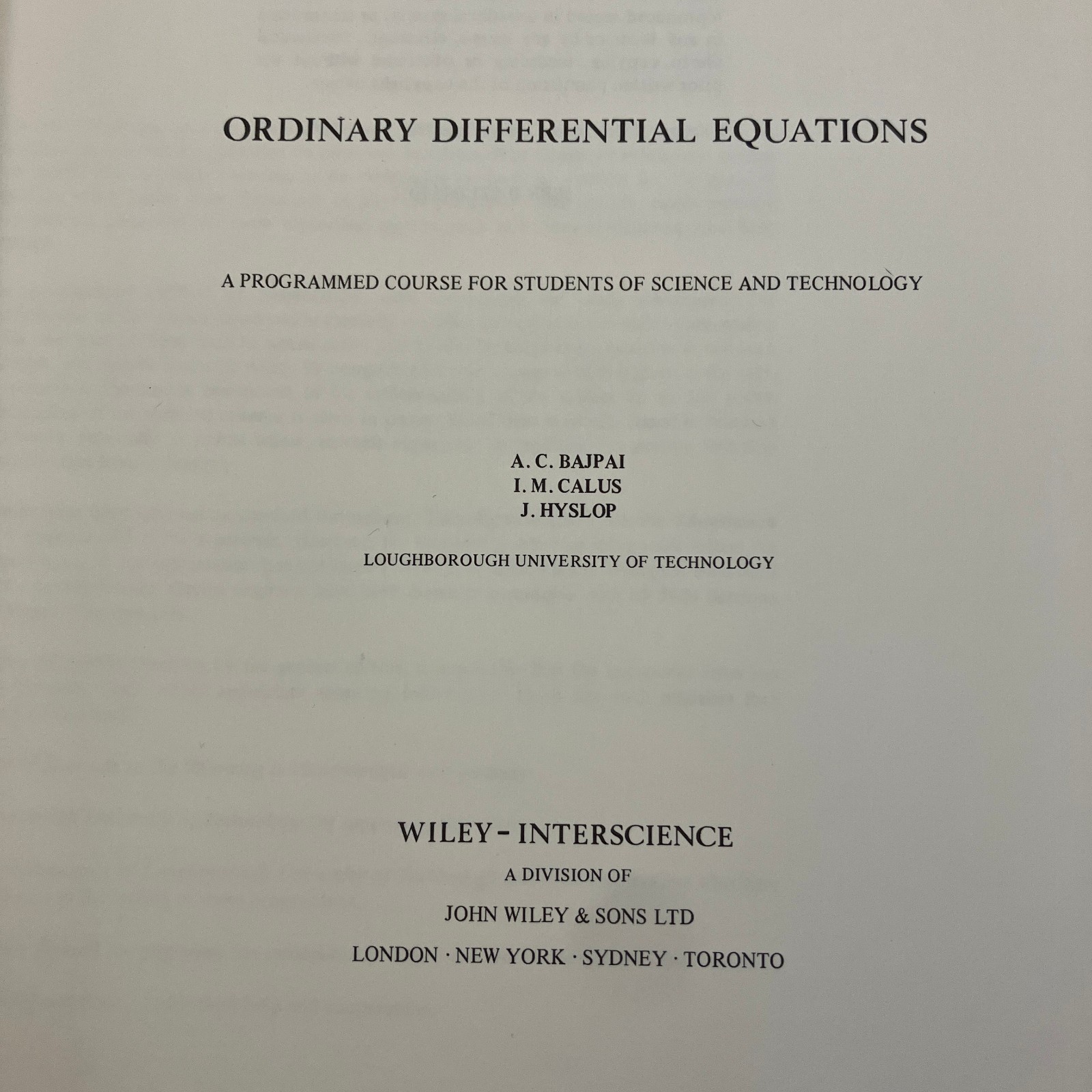 Ordinary Differential Equations Vintage 1970 TPB Bajpai Calus Hyslop John Wiley