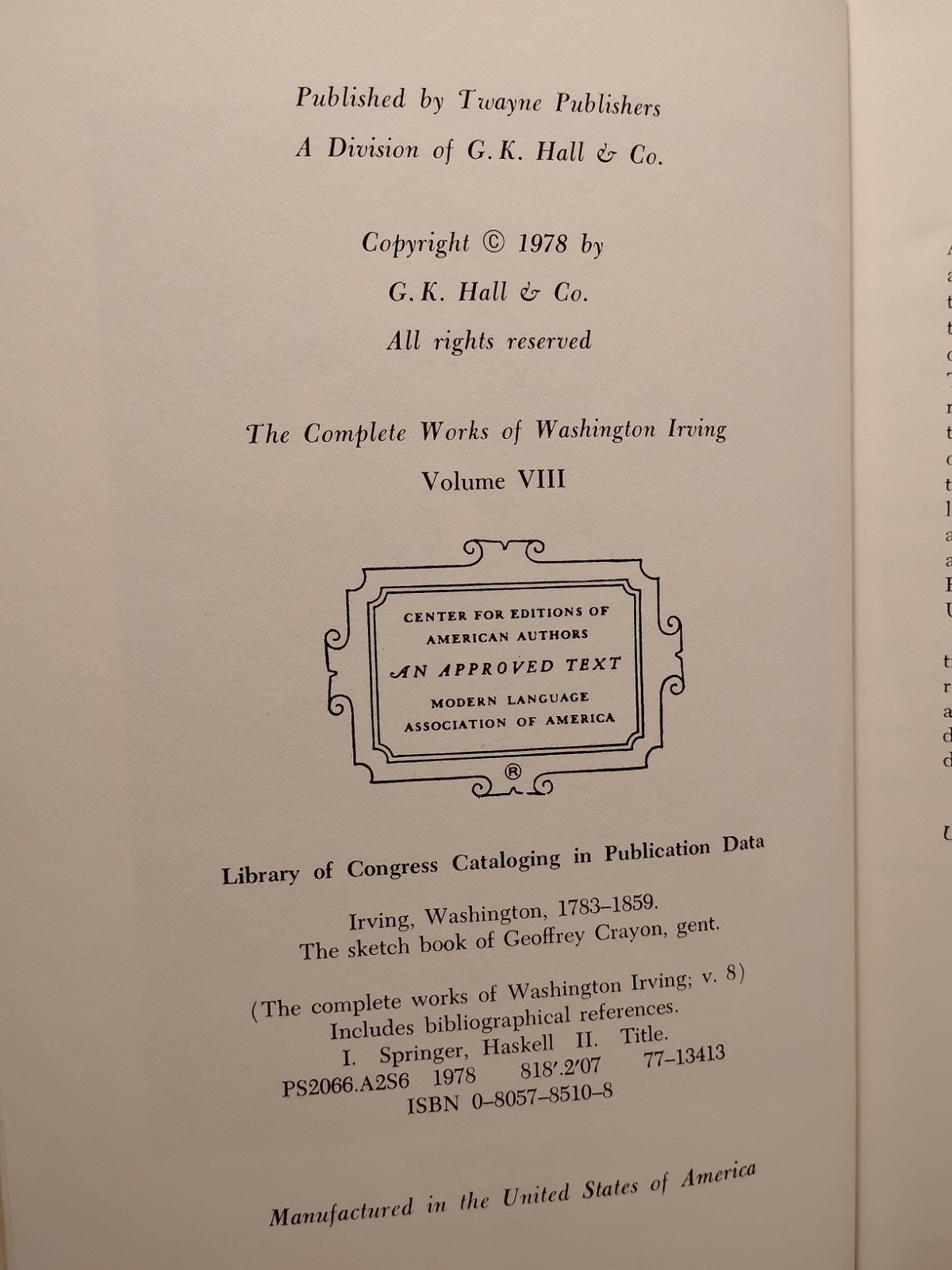 Complete Works of WASHINGTON IRVING : Sketch Book – 1978 – Vol. VIII Hardcover