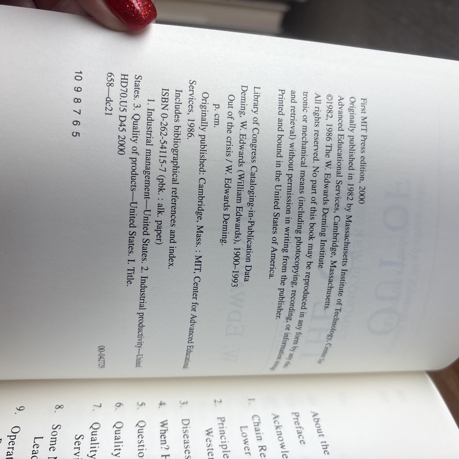 Out of the Crisis (The MIT Press), Deming, W. Edwards VERY GOOD