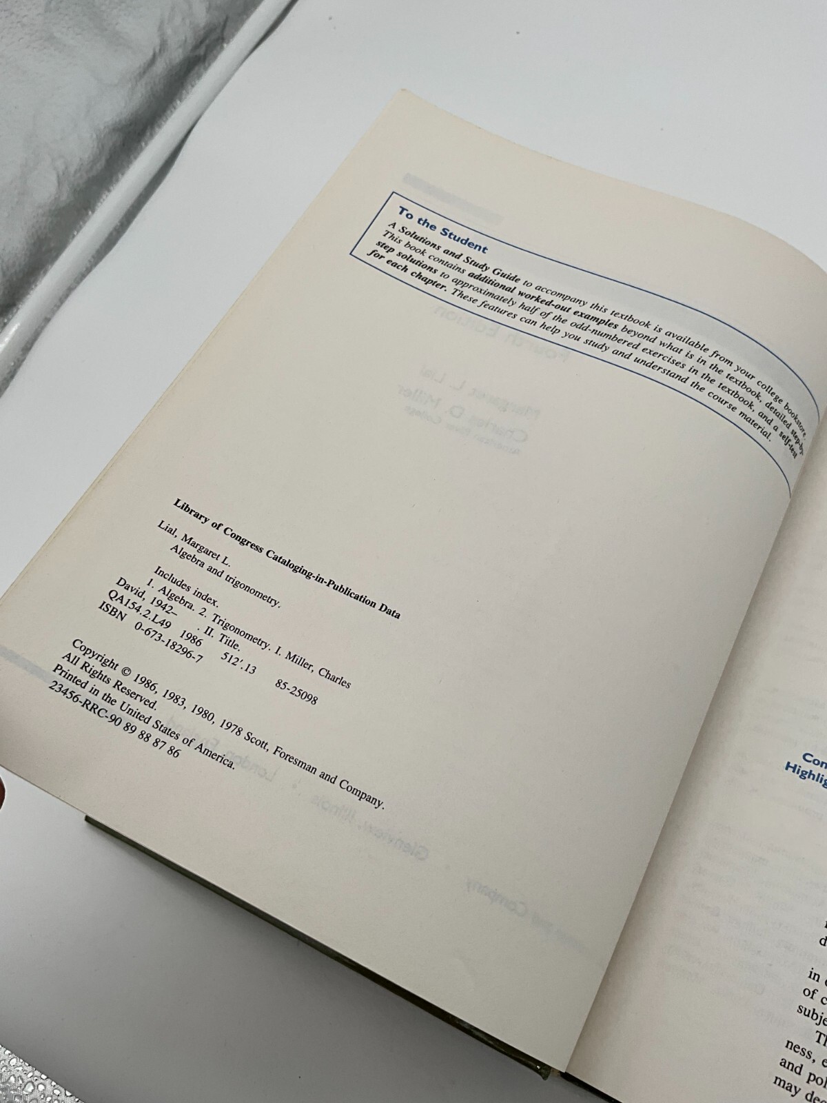Algebra and Trigonometry by Charles D Miller and Margaret L. Lial 1986 BY