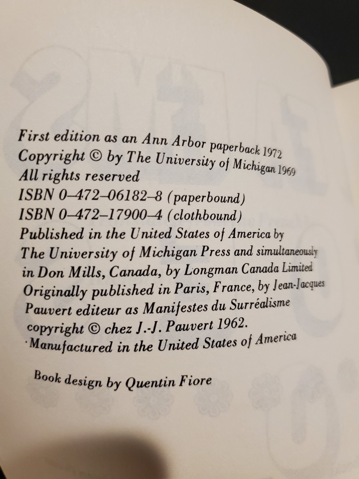 André Breton – Manifestoes of Surrealism 1972 Softcover Book