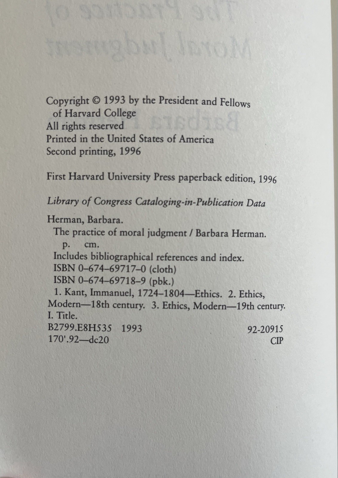 Practice of Moral Judgment Barbara Herman 1996 Trade Paperback Kant Immanuel