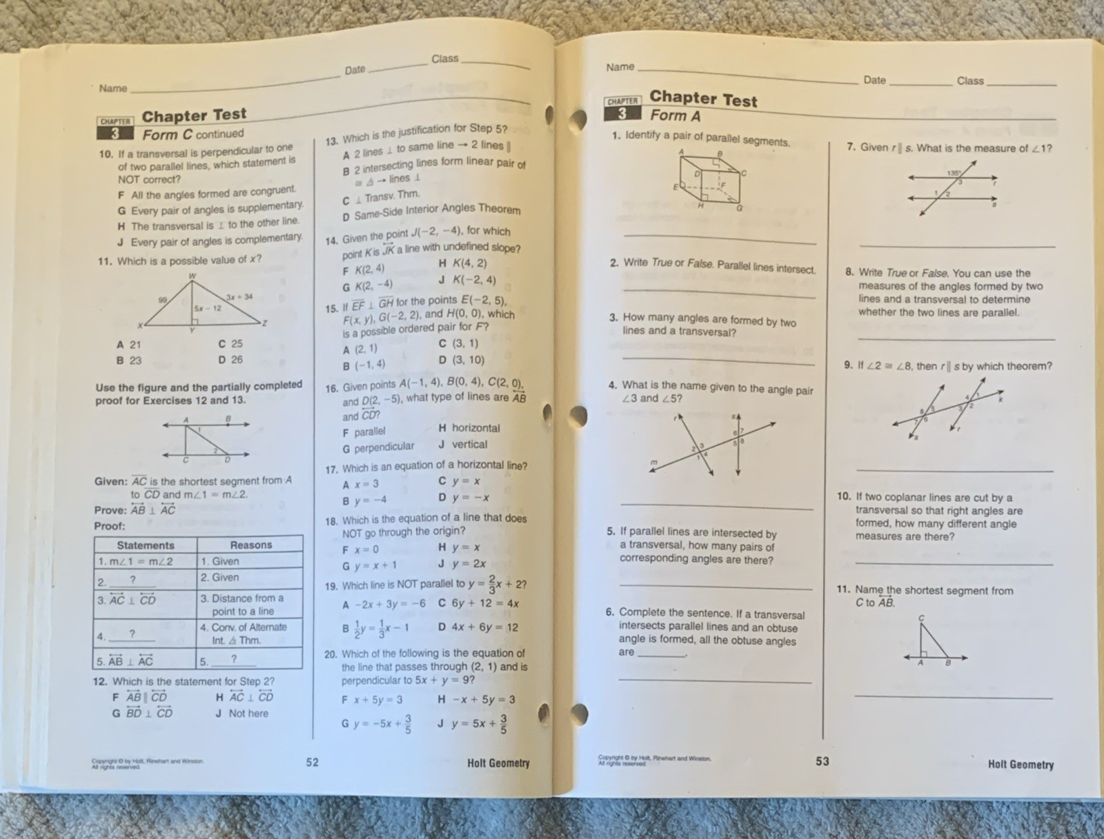 Holt Geometry Assessment Resources Answer Key Workbook Paperback 2000 High Sch