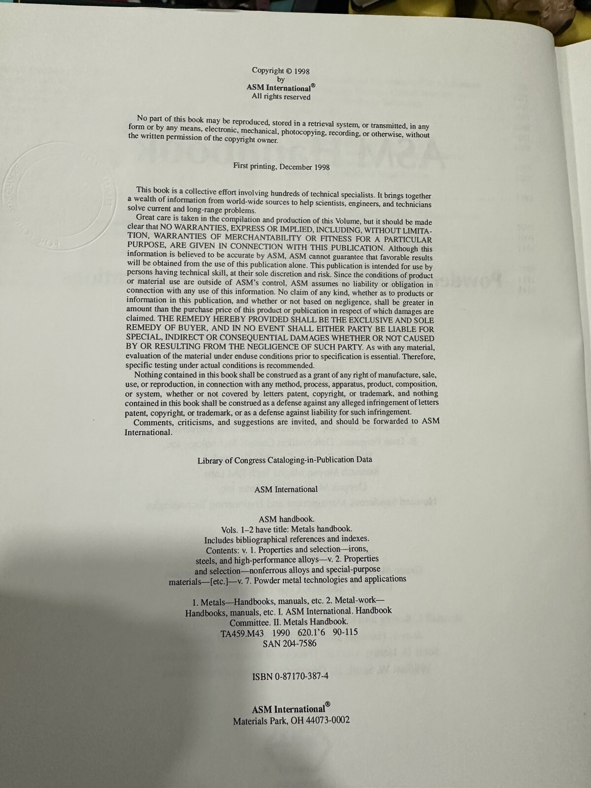 ASM Handbook, Volume 7 Powder Metal Technologies And Applications hard cover