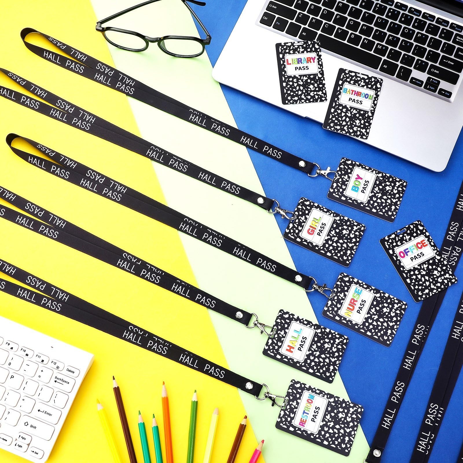 16 PCS 2.4×3.5 In Black White PVC Writable Hall Pass Lanyards Classroom
