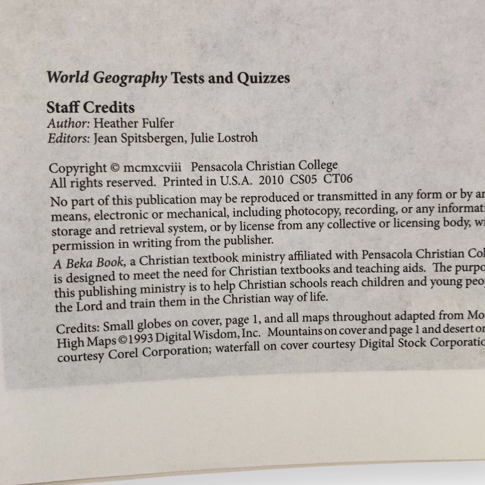 Abeka A Beka Book World Geography Test Quiz Key High School 9th Grade Homeschool
