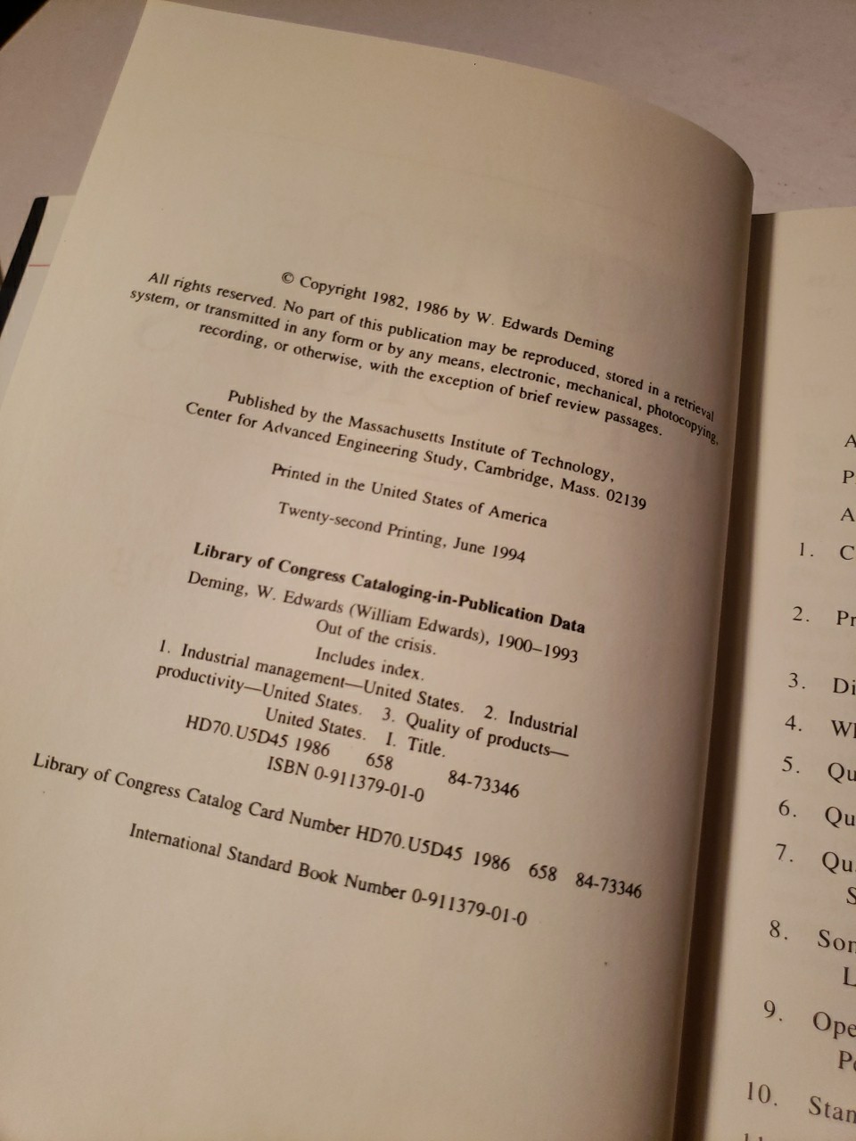Out of the Crisis by Deming, W. Edwards Hardcover Book 22nd Printing 1994