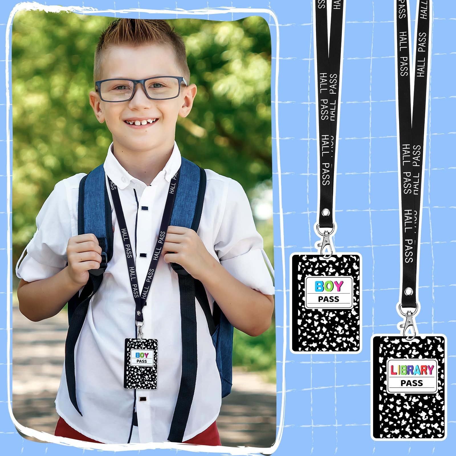 16 PCS 2.4×3.5 In Black White PVC Writable Hall Pass Lanyards Classroom