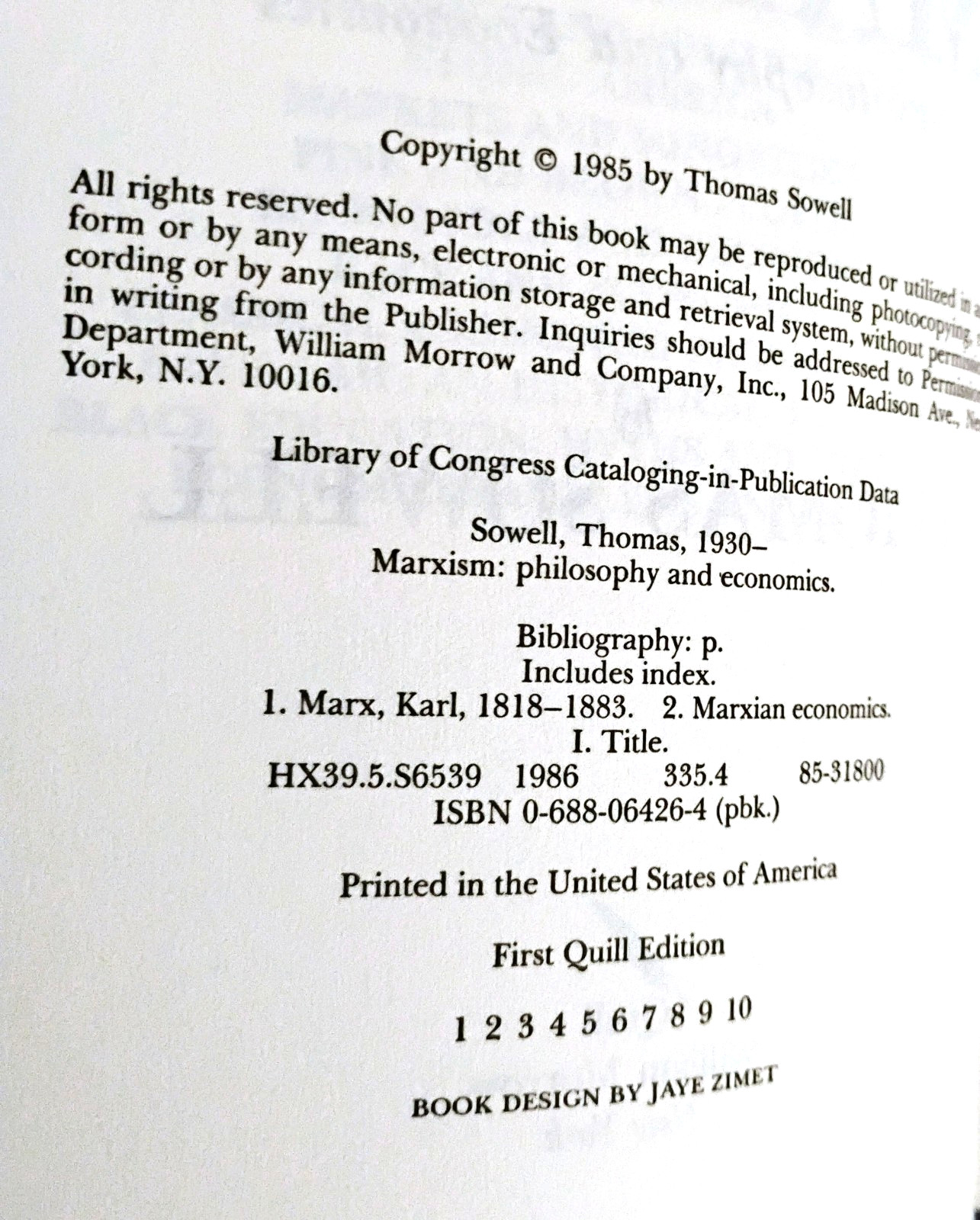 Marxism Philosophy and Economics by Thomas Sewell VG SC 1st Quail Edition 1985