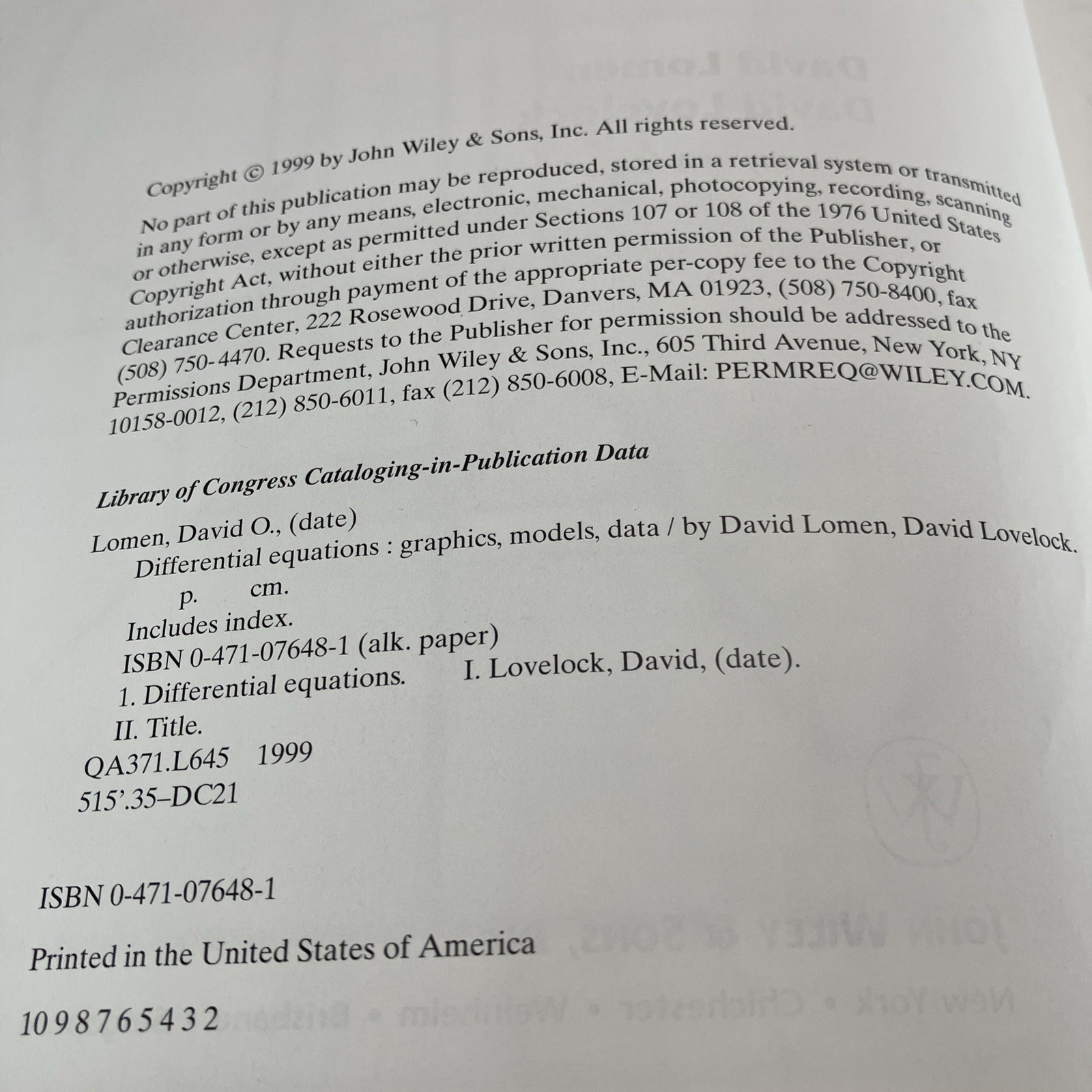 Differential Equations Graphics, Models, Data by Lomen & Lovelock 1999 Hardcover