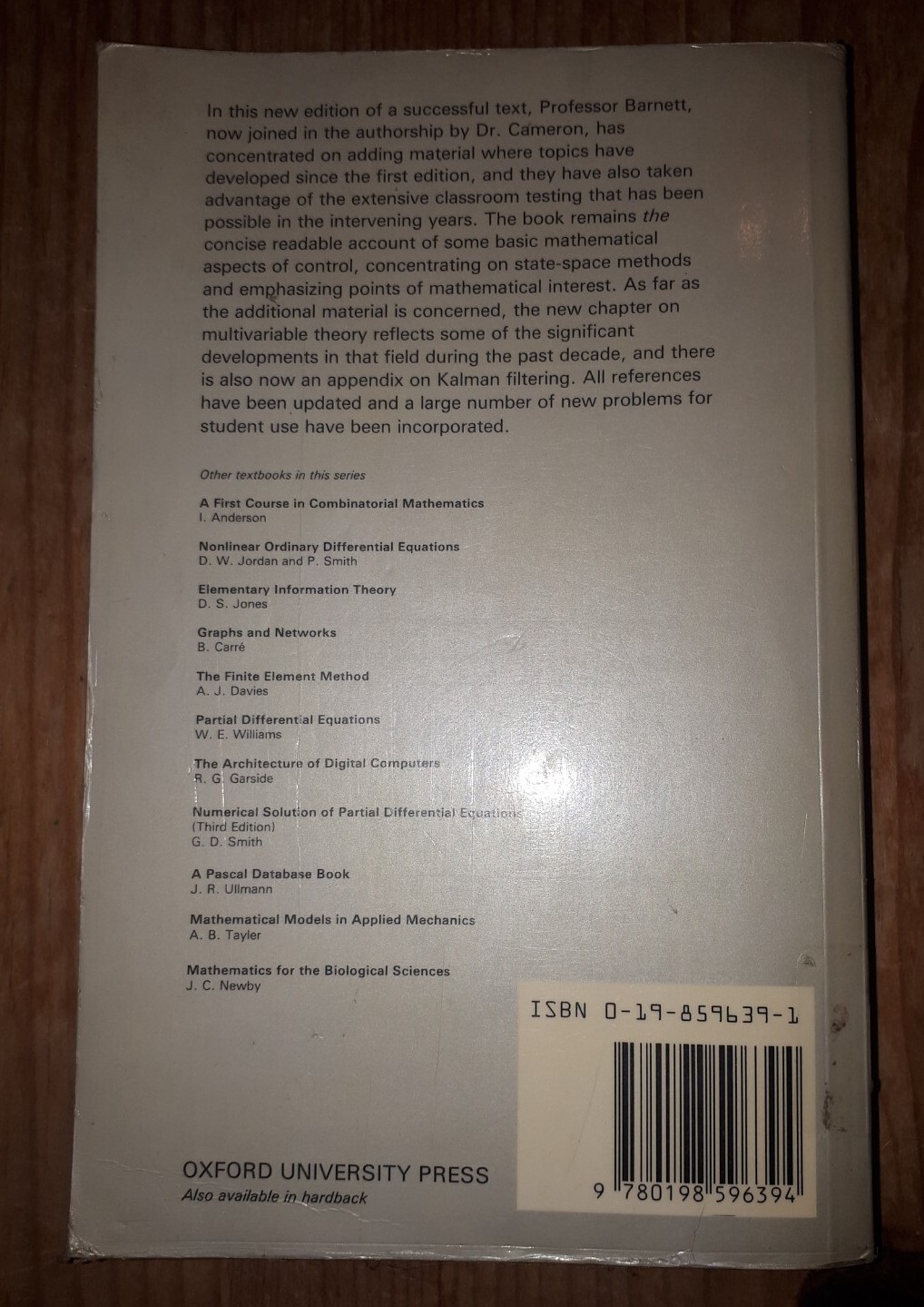 Introduction To Mathematical Control Theory Barnett Cameron