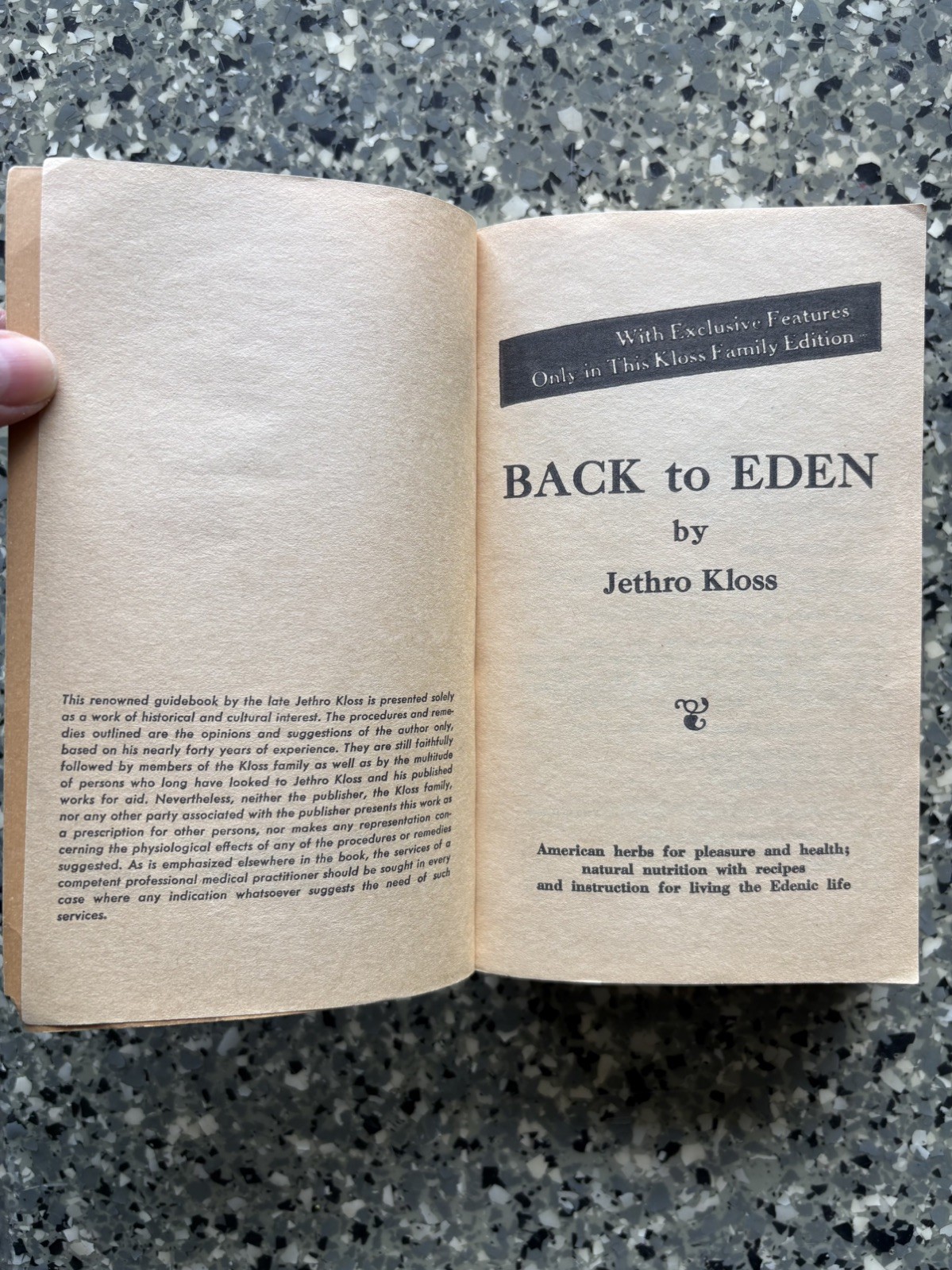 Back To Eden, by Jethro Kloss, Authentic Kloss Family Edition, 1975 publication.