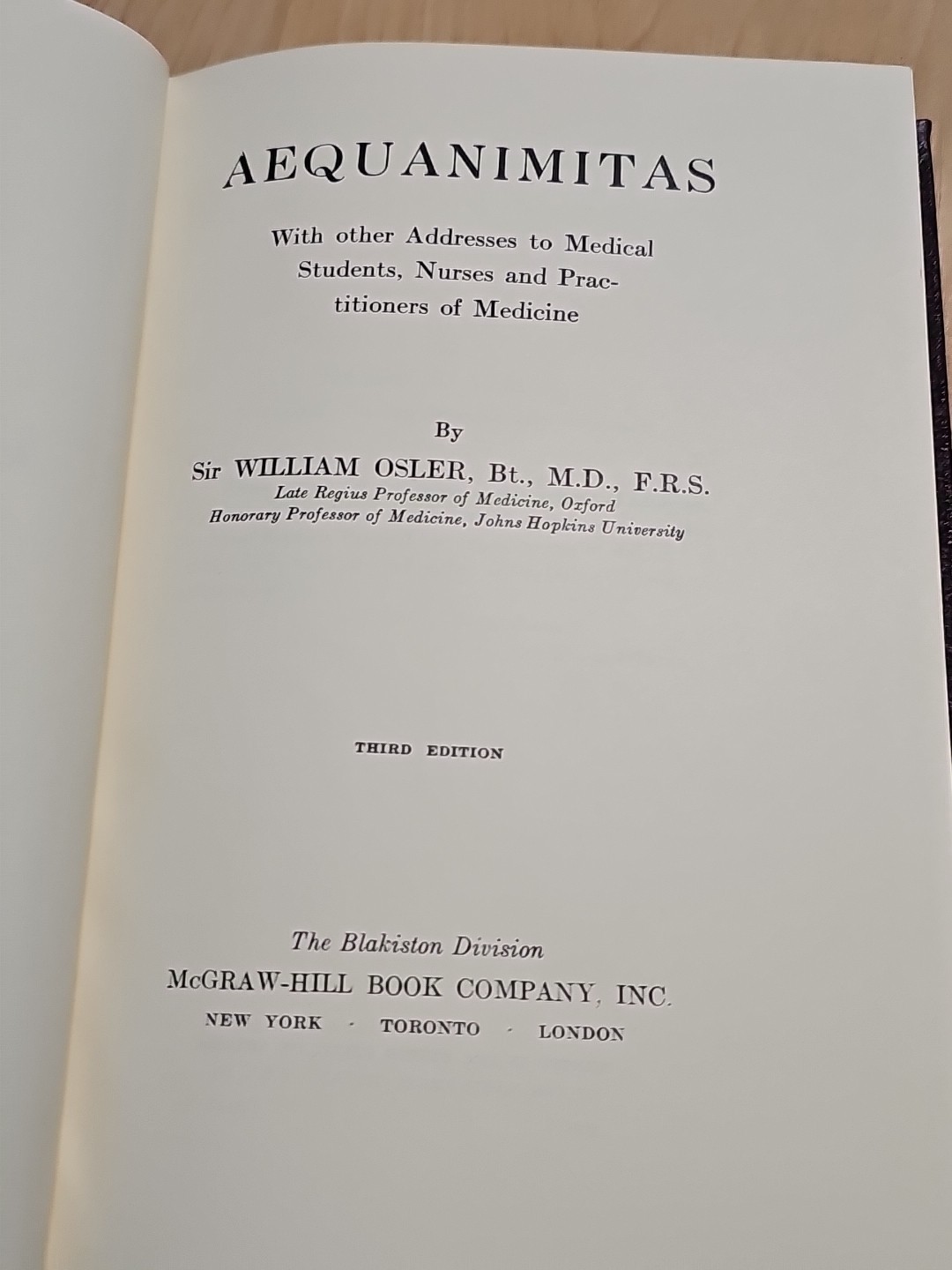 Aequanimitas 3rd edition Book + Other Addresses To Medical Students Nurses OSLER
