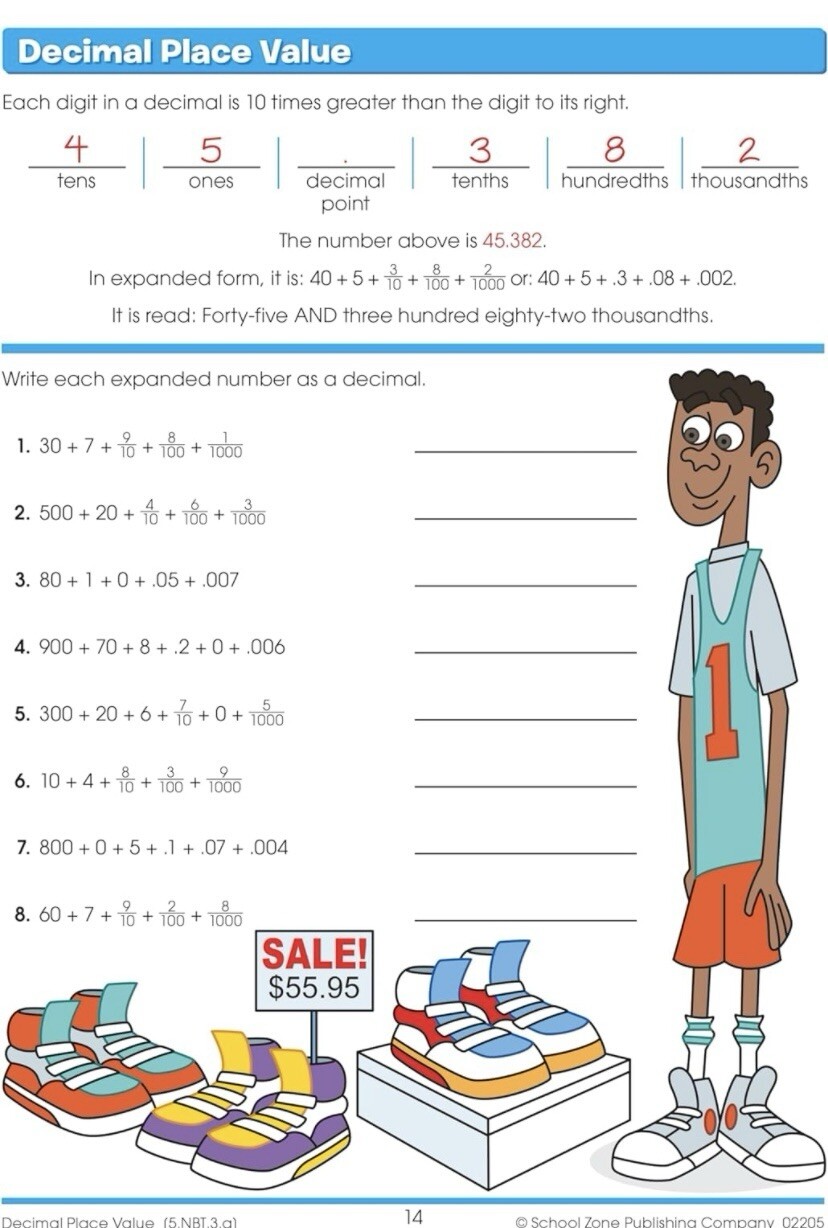 School Zone – Math Basics 5 Workbook – 64 Pages Ages 10 to 11 5th Grade Divisi..