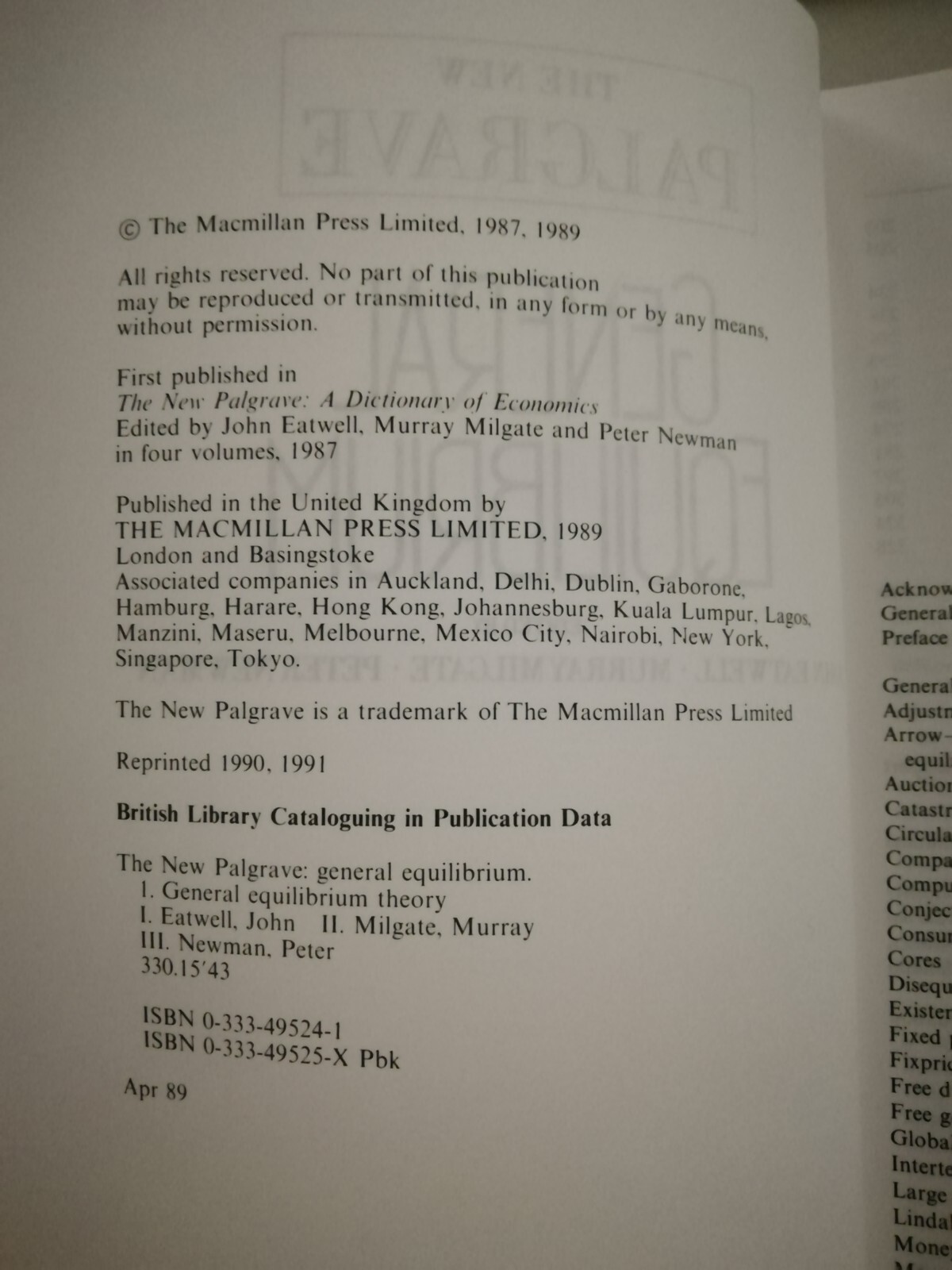 General Equilibrium: The New Palgrave by J Eatwell, M Milgate & P Newman 1991