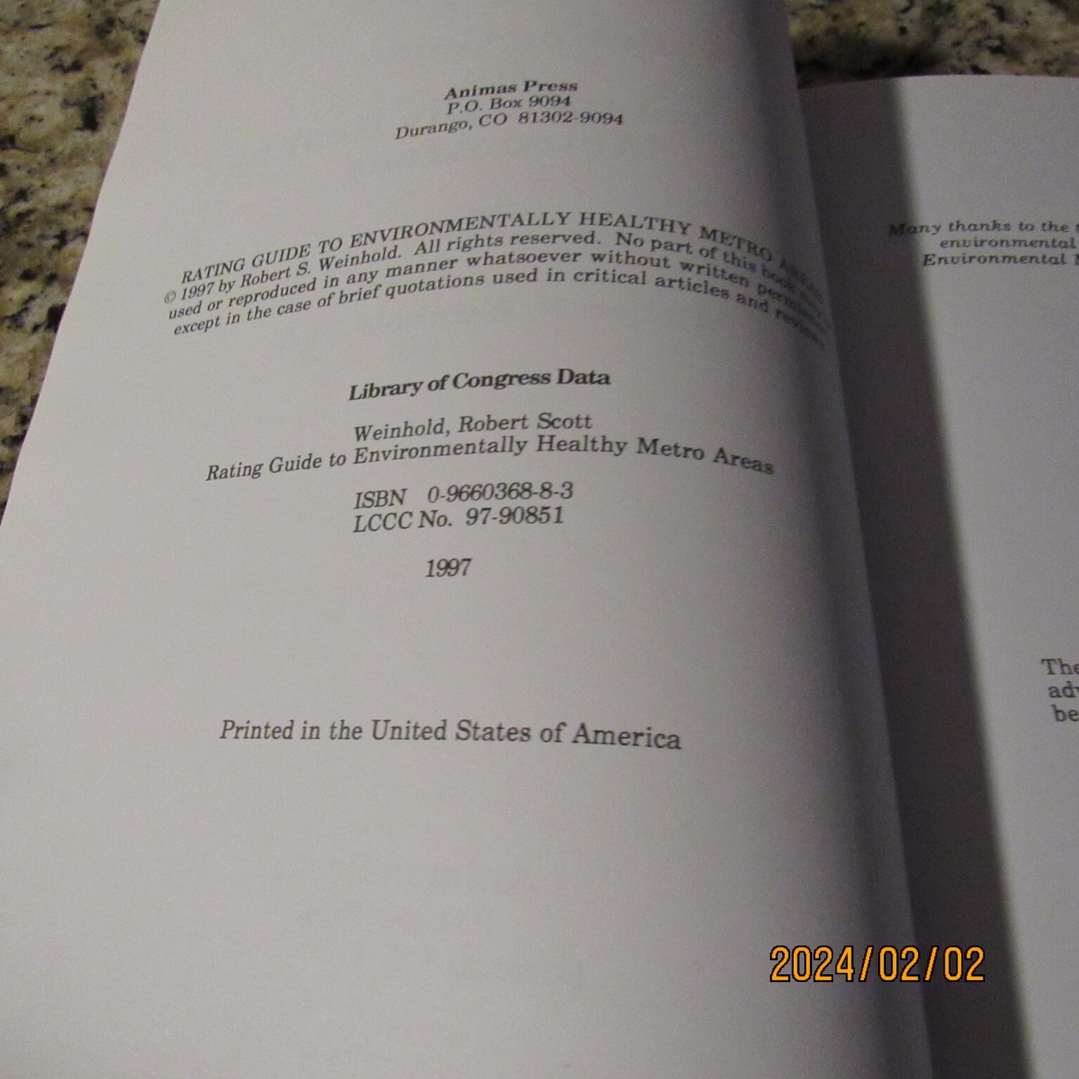 Rating Guide to Environmentally Healthy Metro Areas-Robert Weinhold-PB Book-1997