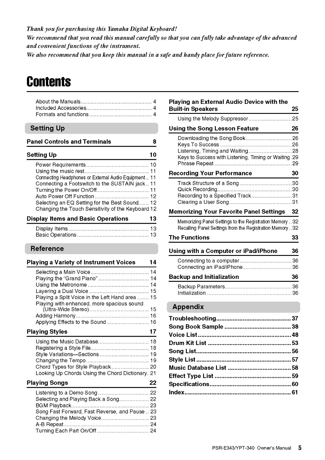 Yamaha PSR-E343 YPT-340 Instruction Manual: 64 Pages & Protective Covers!